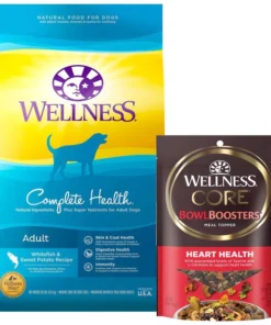 Wellness Complete Health Adult Whitefish & Sweet Potato Recipe Dry Food + CORE Bowl Boosters Heart Health Dry Dog Food Topper