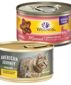 American Journey||Wellness American Journey Minced Chicken & Salmon Recipe in Gravy Grain-Free Canned Cat Food, 3-oz, case of 24 + Wellness Complete Health Natural Minced Salmon Dinner Grain-Free Canned Cat Food, 3-oz, case of 24