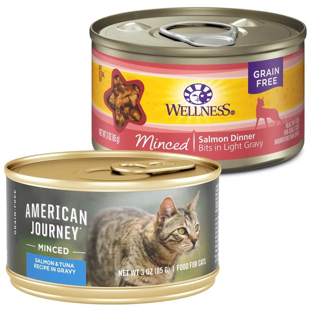 American Journey||Wellness American Journey Minced Salmon & Tuna Recipe in Gravy Grain-Free Canned Cat Food, 3-oz, case of 24 + Wellness Complete Health Natural Minced Salmon Dinner Grain-Free Canned Cat Food, 3-oz, case of 24 3 American Journey||Wellness American Journey Minced Salmon & Tuna Recipe in Gravy Grain-Free Canned Cat Food, 3-oz, case of 24 + Wellness Complete Health Natural Minced Salmon Dinner Grain-Free Canned Cat Food, 3-oz, case of 24