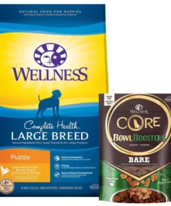 Wellness Large Breed Complete Health Puppy Deboned Chicken, Brown Rice & Salmon Meal Recipe Dry Dog Food, 30-lb bag + Wellness CORE Bowl Boosters Bare Turkey Freeze-Dried Dog Food Mixer or Topper, 4-oz bag