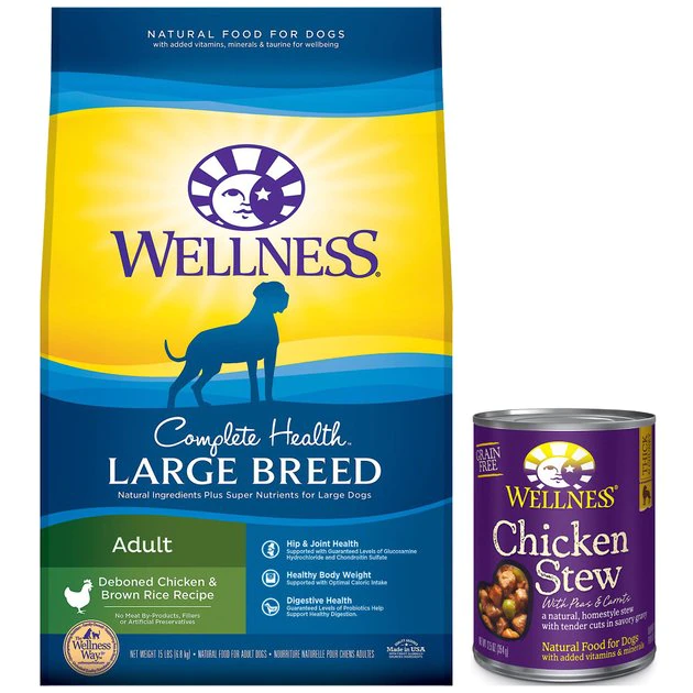 Wellness Large Breed Complete Health Adult Deboned Chicken & Brown Rice Recipe Dry Dog Food + Chicken Stew with Peas & Carrots Grain-Free Canned Food 3 Wellness Large Breed Complete Health Adult Deboned Chicken & Brown Rice Recipe Dry Dog Food + Chicken Stew with Peas & Carrots Grain-Free Canned Food